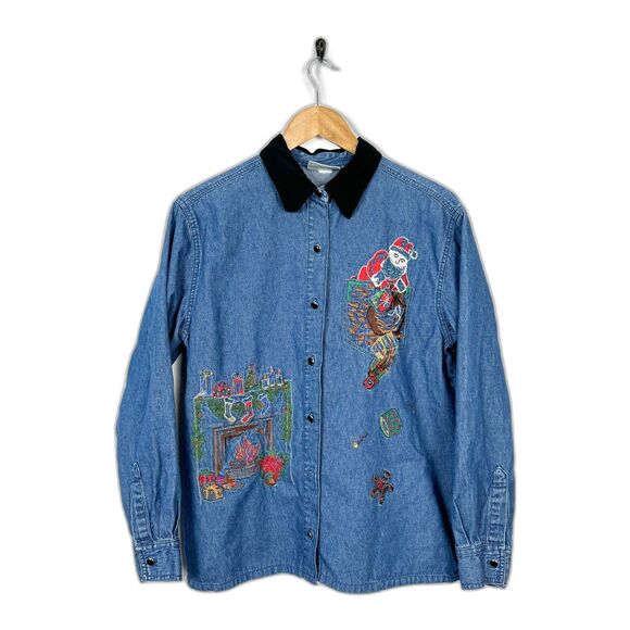 VTG 90s Denim Christmas Holiday Santa Embroidered Velvet Collar Button Down - Picture 1 of 4
